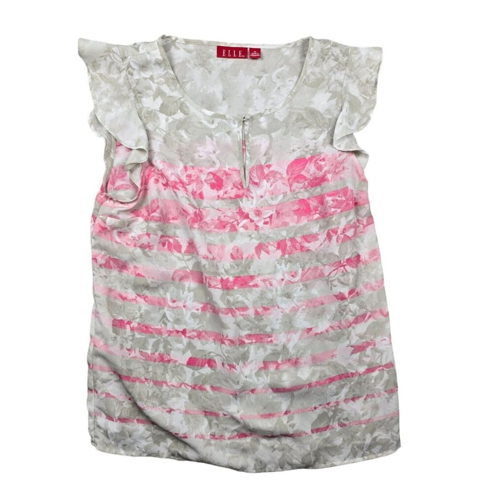 Elle Blouse Womens Size Medium Sleeveless, Flutter Top Shirt Pink Floral Striped